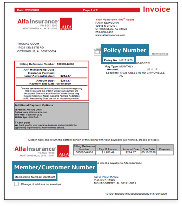 Sample Billing Invoice Page | Alfa Insurance